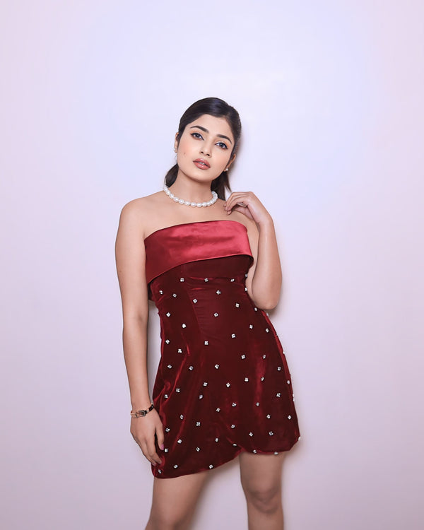 Cupid Me - Velvet Wine Short Dress with Stones