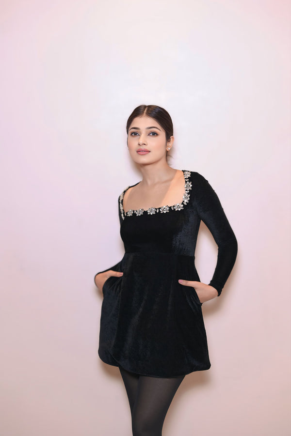 Dreams are Made Of Black- Short Velvet Dress with Rhinestones lined Neck