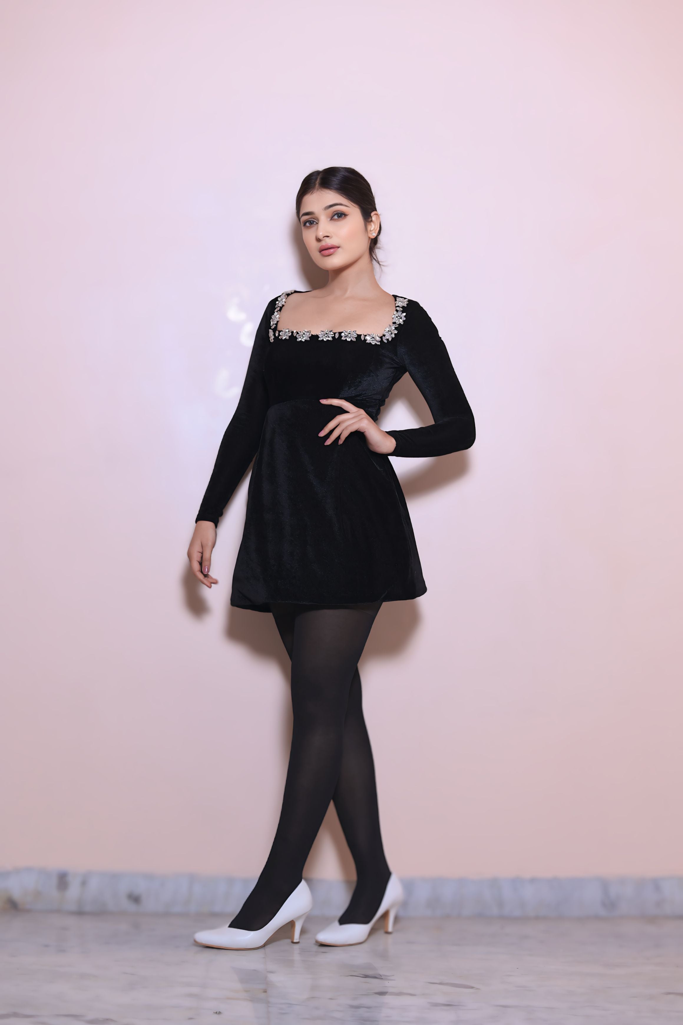 Dreams are Made Of Black- Short Velvet Dress with Rhinestones lined Ne Agape Dreams are Made Of Black- Short Velvet Dress with Rhinestones lined Ne Agape