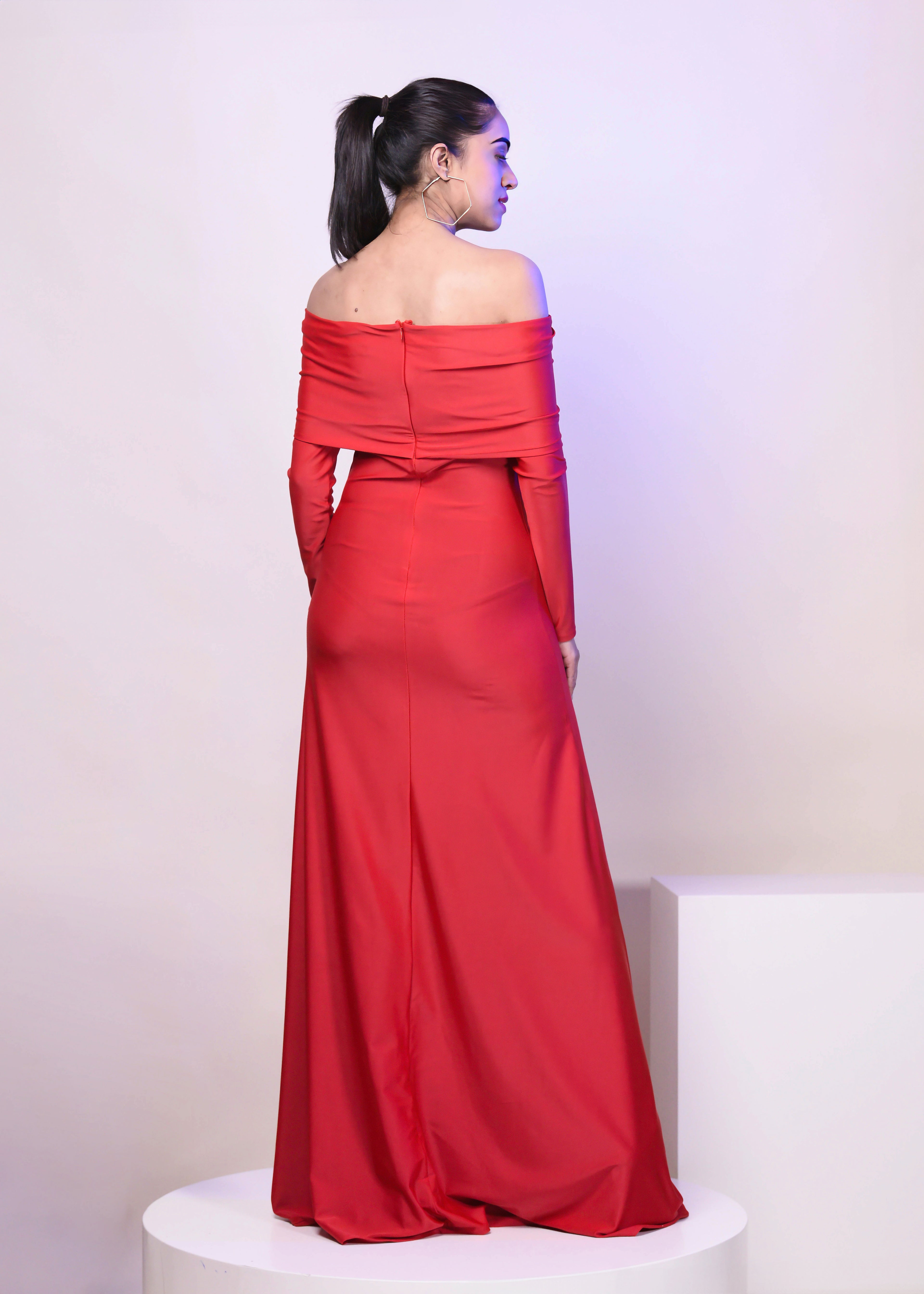 Ruby Rendevous- Classic Dacron Overfold Off  Shoulder Long Gown Dress