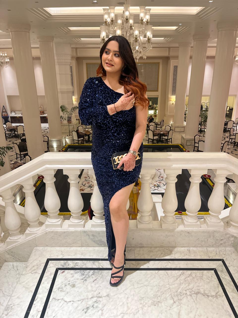 A Million Sapphires- One Shoulder Sleeveless Sequin Mermaid Dress