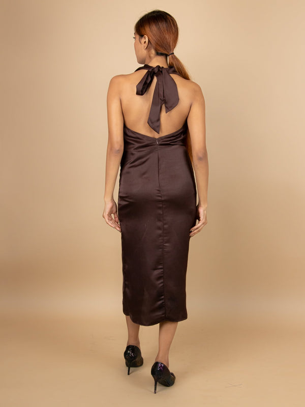 Dazzling Caramel - Elegant Halter Neck Dress in Dark Brown - Agáapēe