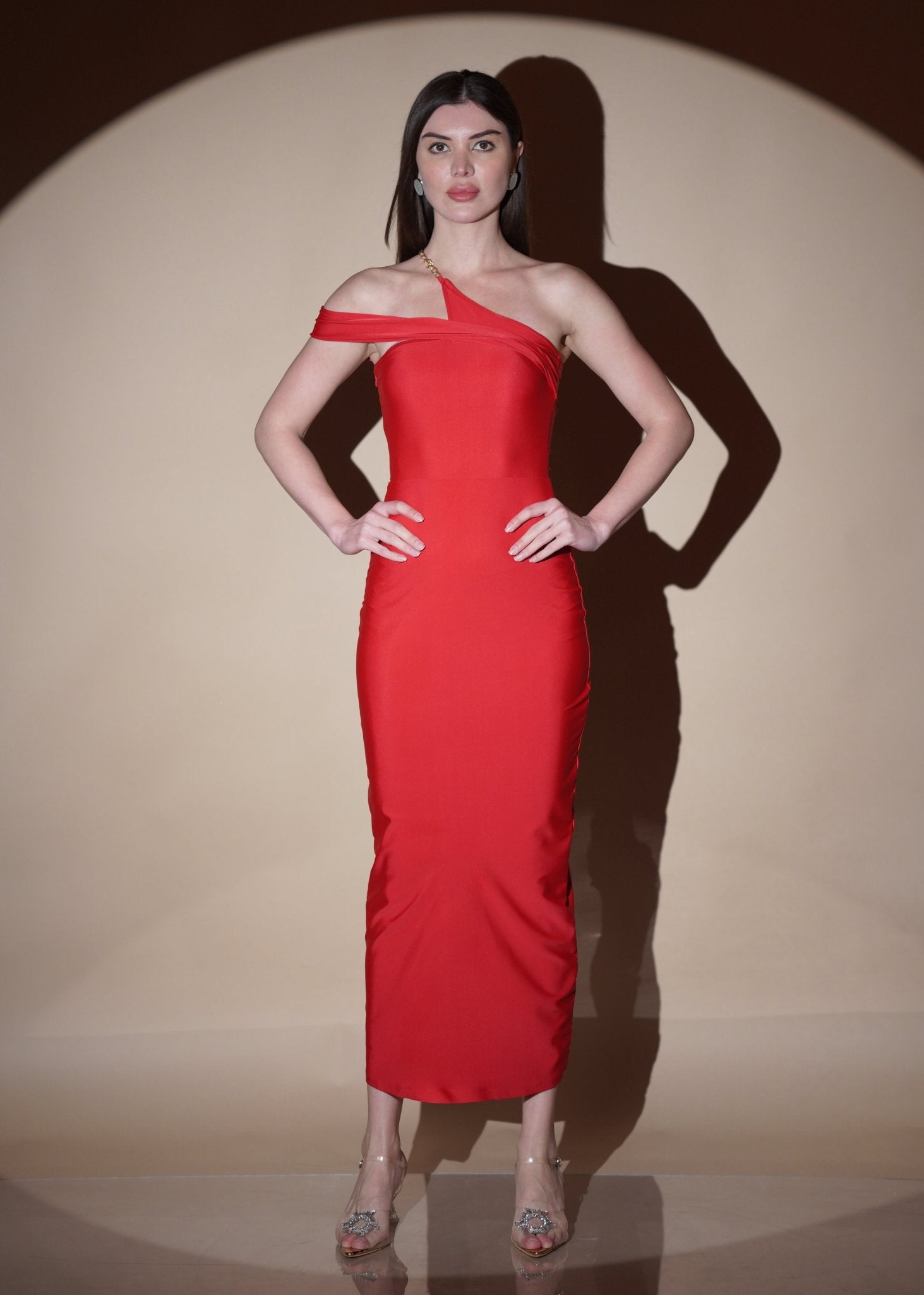 My Rules - Fiery Red One Shoulder Long Dress with Slit - agapedev